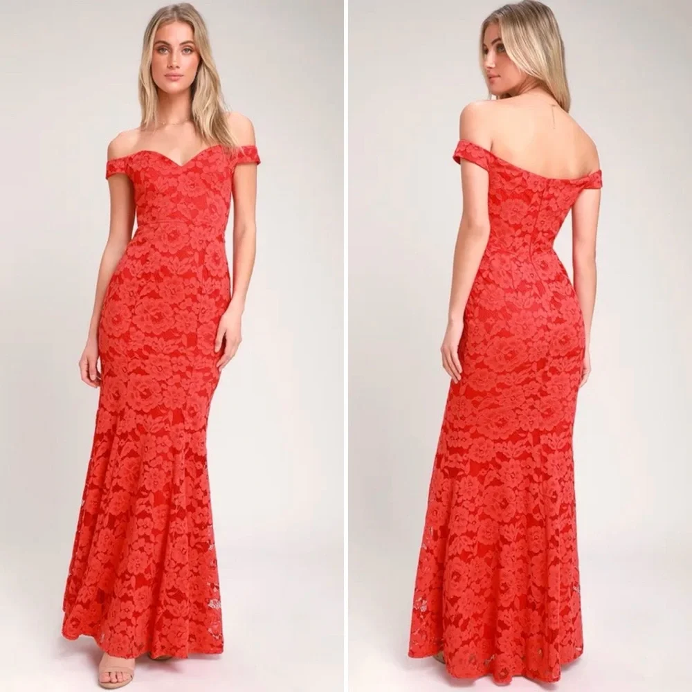 Lulus Red Lace Off-the-Shoulder Maxi Dress Size Small Mermaid Skirt - Picture 1 of 9